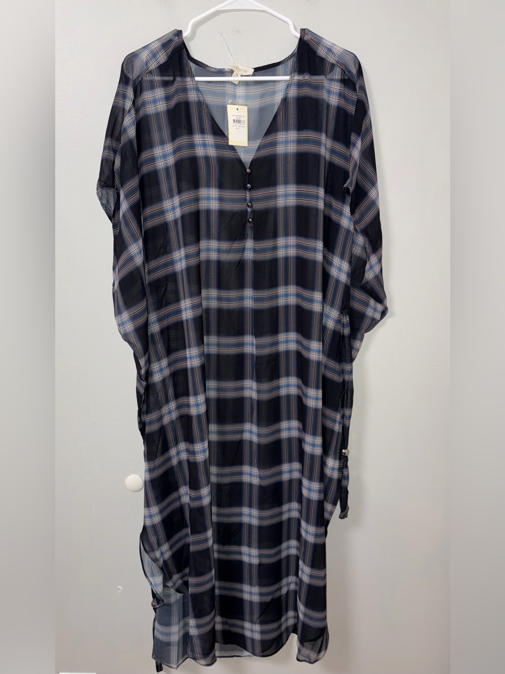Loralette Kaftan Summer Love Indigo Check Sheer Kimono Cover Up Plus Size 18 NWT